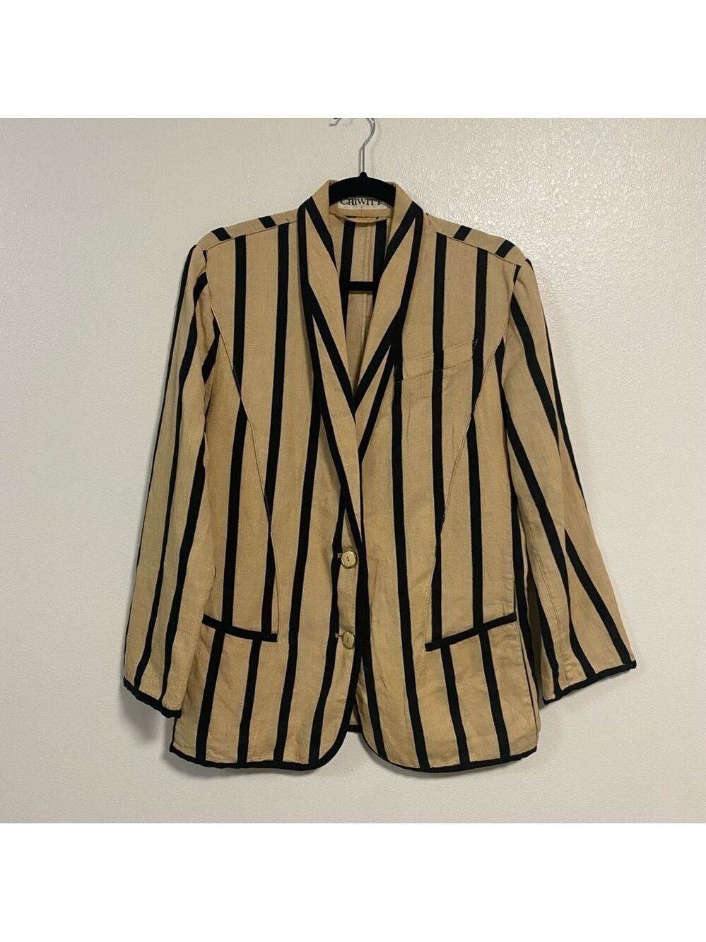Chiwitt Linen cotton blend stripe Blazer Beige & Black Size 38/ Large